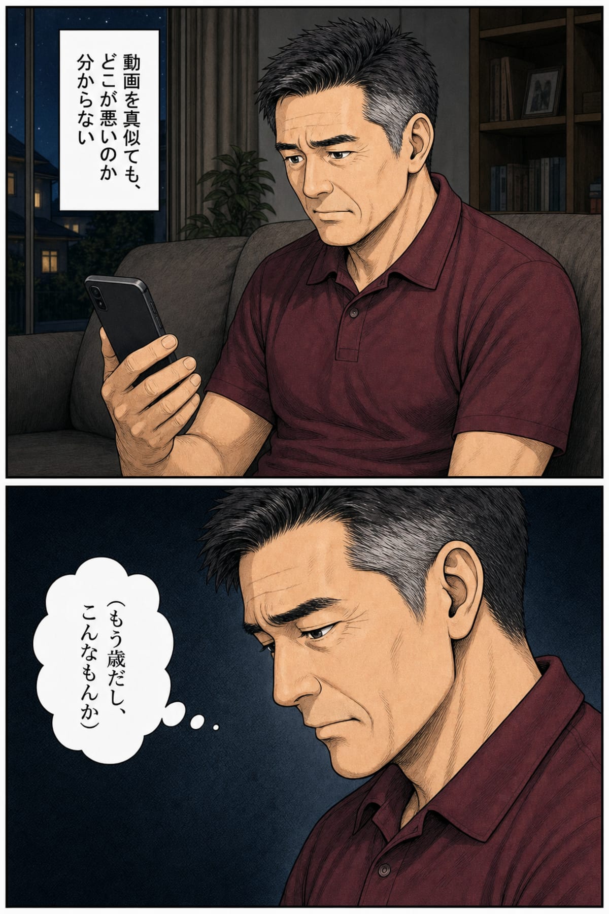 夜、自宅でレッスン動画を見る佐々木さん「動画を真似ても、どこが悪いのか分からない」「(もう歳だし、こんなもんか)」