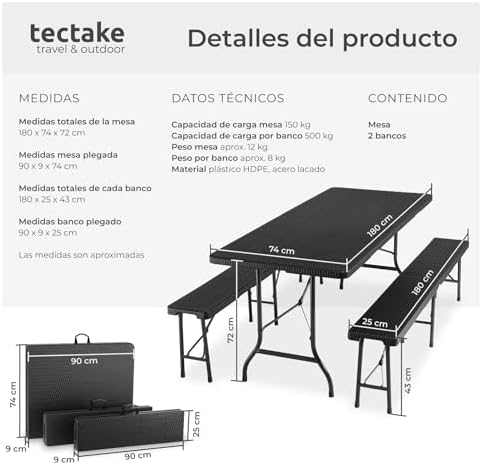 TecTake® 3-Piece Folding Table Set, Camping Table Set with 2 x Benches, Outdoor Garden Table, Steel Frame, Leg Stops, Easy Assembly, Ideal for Camping, Garden, Terrace, Picnic – Black - Image 4