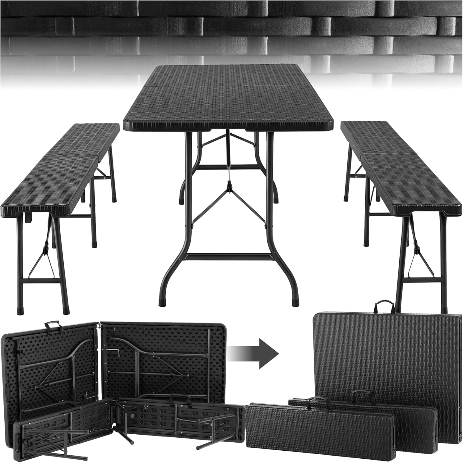TecTake® 3-Piece Folding Table Set, Camping Table Set with 2 x Benches, Outdoor Garden Table, Steel Frame, Leg Stops, Easy Assembly, Ideal for Camping, Garden, Terrace, Picnic – Black - Image 1