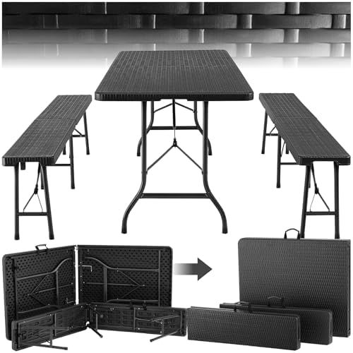 TecTake® 3-Piece Folding Table Set, Camping Table Set with 2 x Benches, Outdoor Garden Table, Steel Frame, Leg Stops, Easy Assembly, Ideal for Camping, Garden, Terrace, Picnic – Black - Image 2