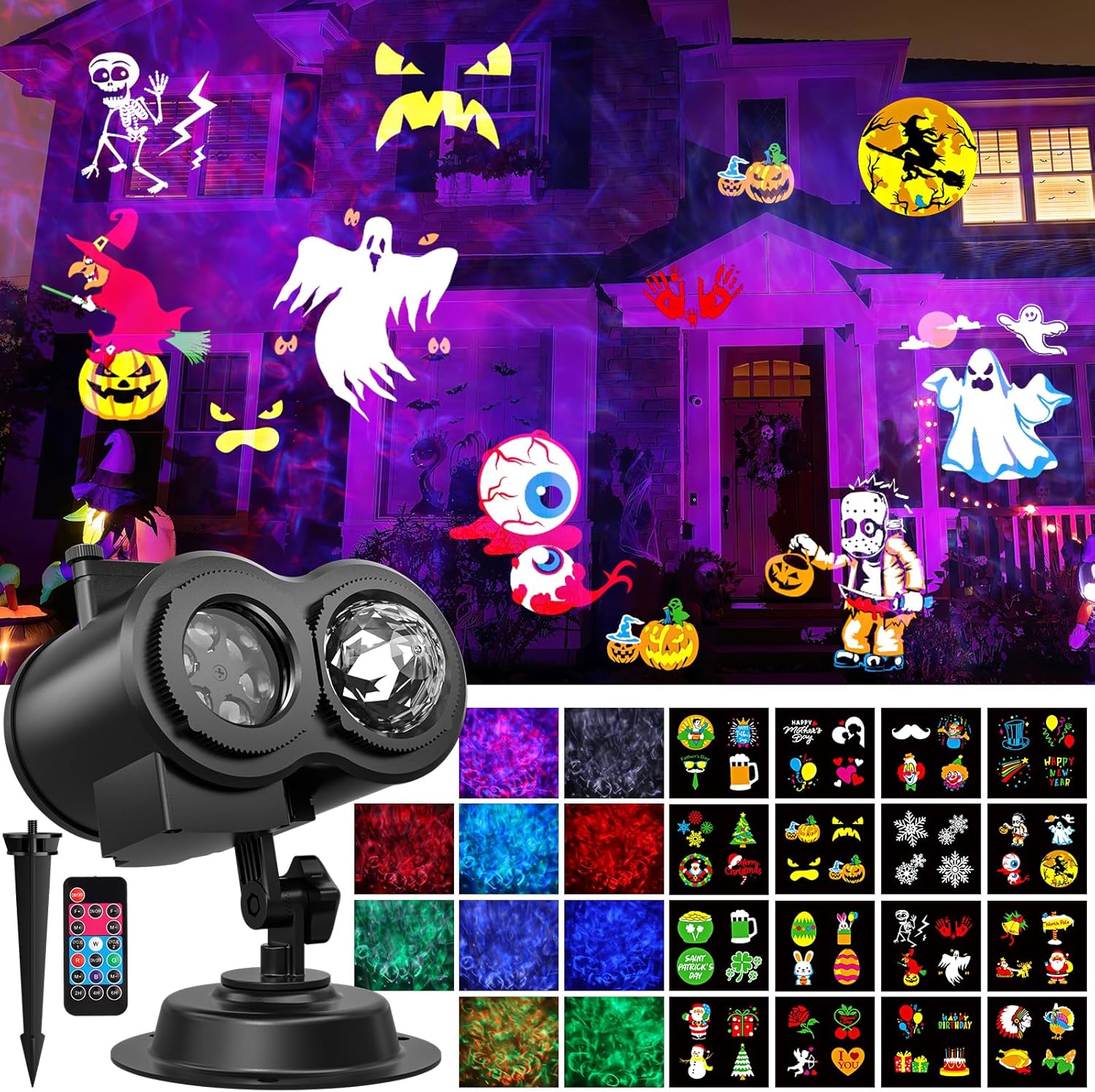 OUSFOT Halloween Projecteur, 16 Diapositives Projecteur Halloween Exterieur Avec Télécommande et Fonction de Chronométrage, 4 Couleurs Motifs D'eau pour Pâques,Thanksgiving,Fête,Noël - Image 1