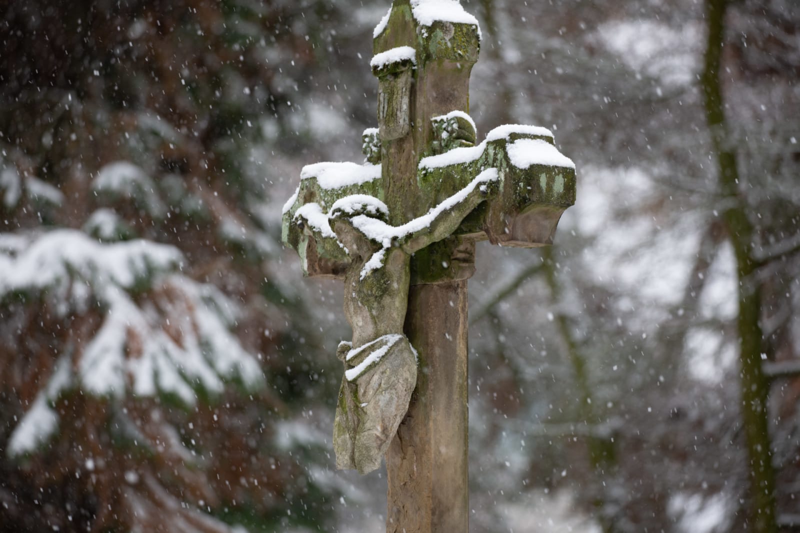 Crucifix in a Gentle Snowfall