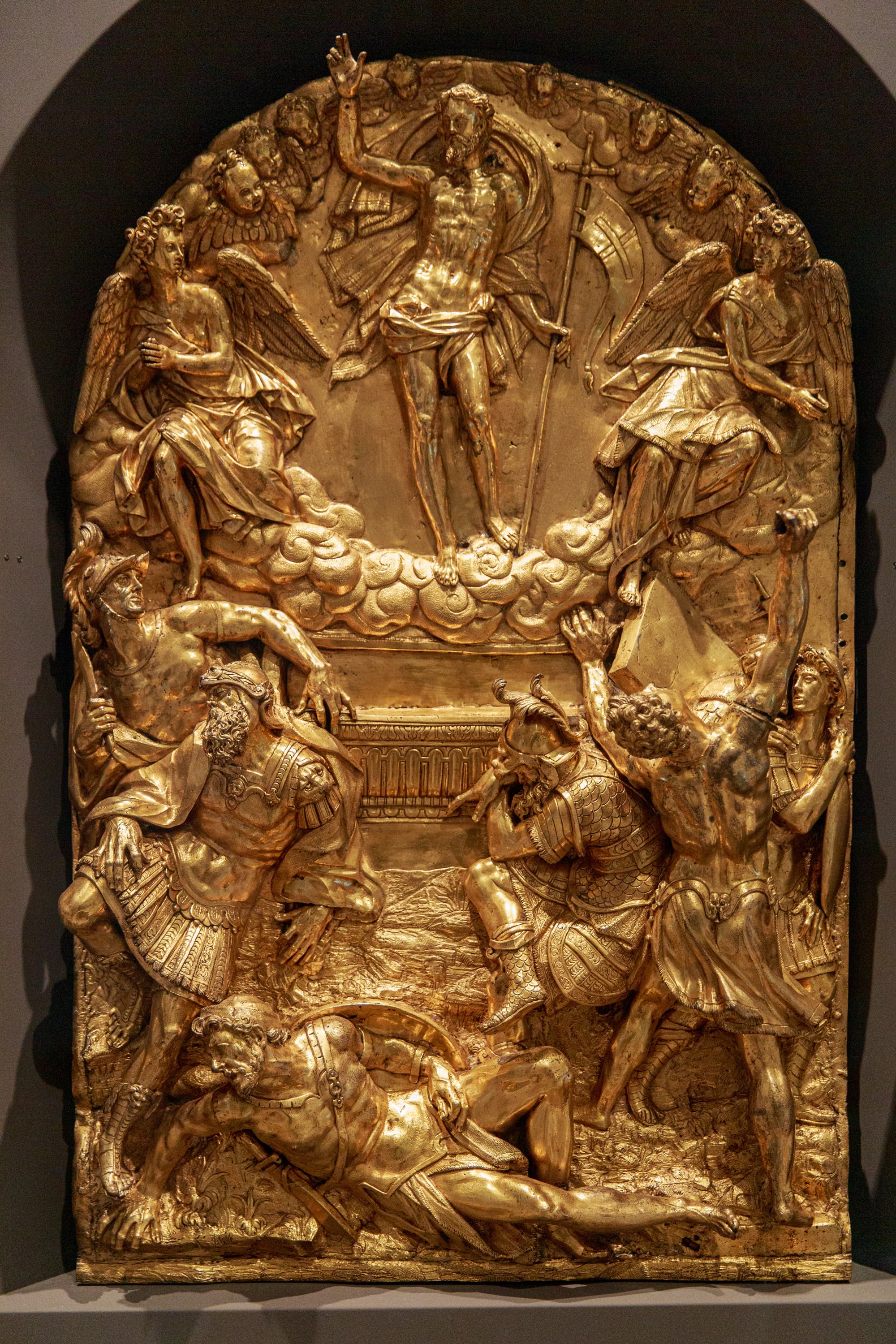 Created between 1581 and 1584 by Hubert Gerhard, Carlo Pallago, and Johann Müller, this gilded bronze relief depicts the Resurrection with dramatic Mannerist flair.
