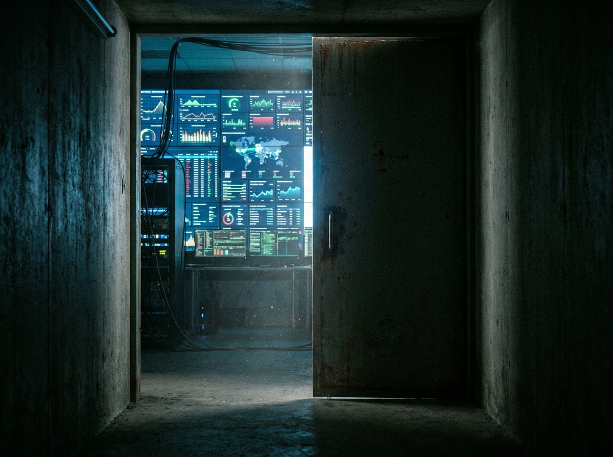 Operations dashboards glimpsed through a nearly closed door