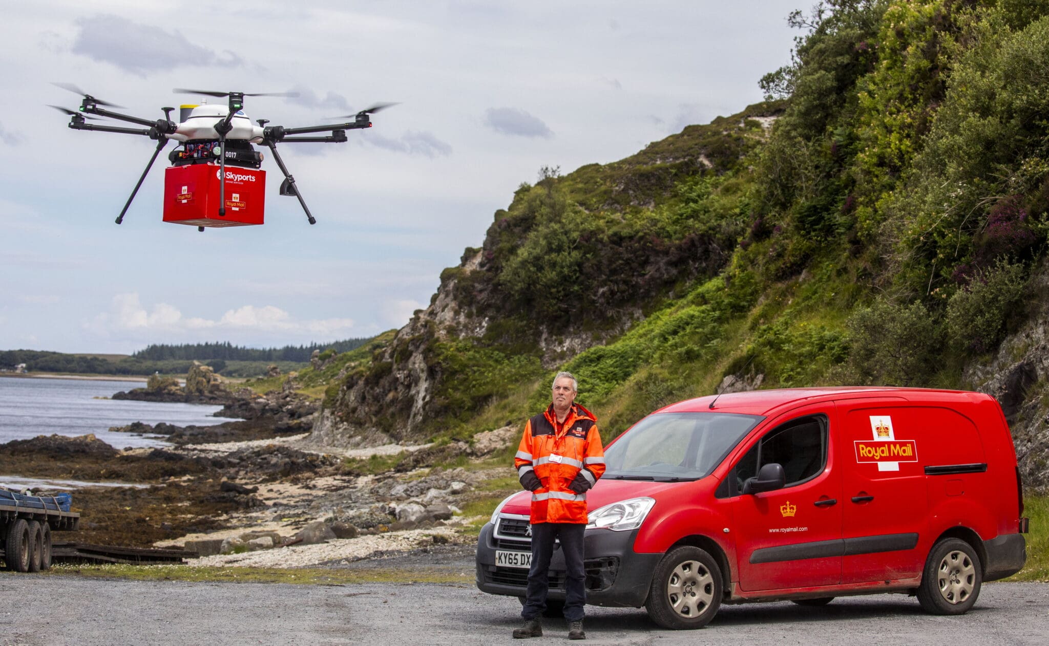 drone over island landscape, posties loading