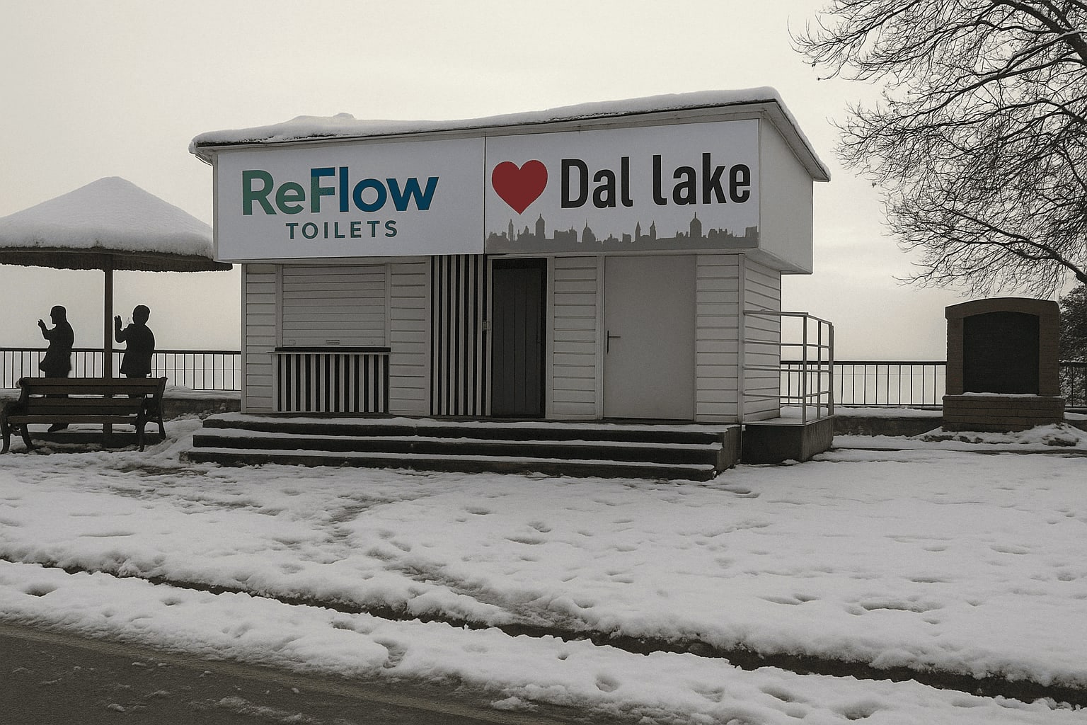 ReFlow modular toilet unit deployed at Dal Lake, Kashmir - demonstrating off-grid sanitation capability in tourist destinations