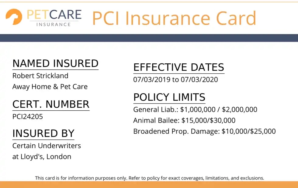 Pet sitter insurance certificate