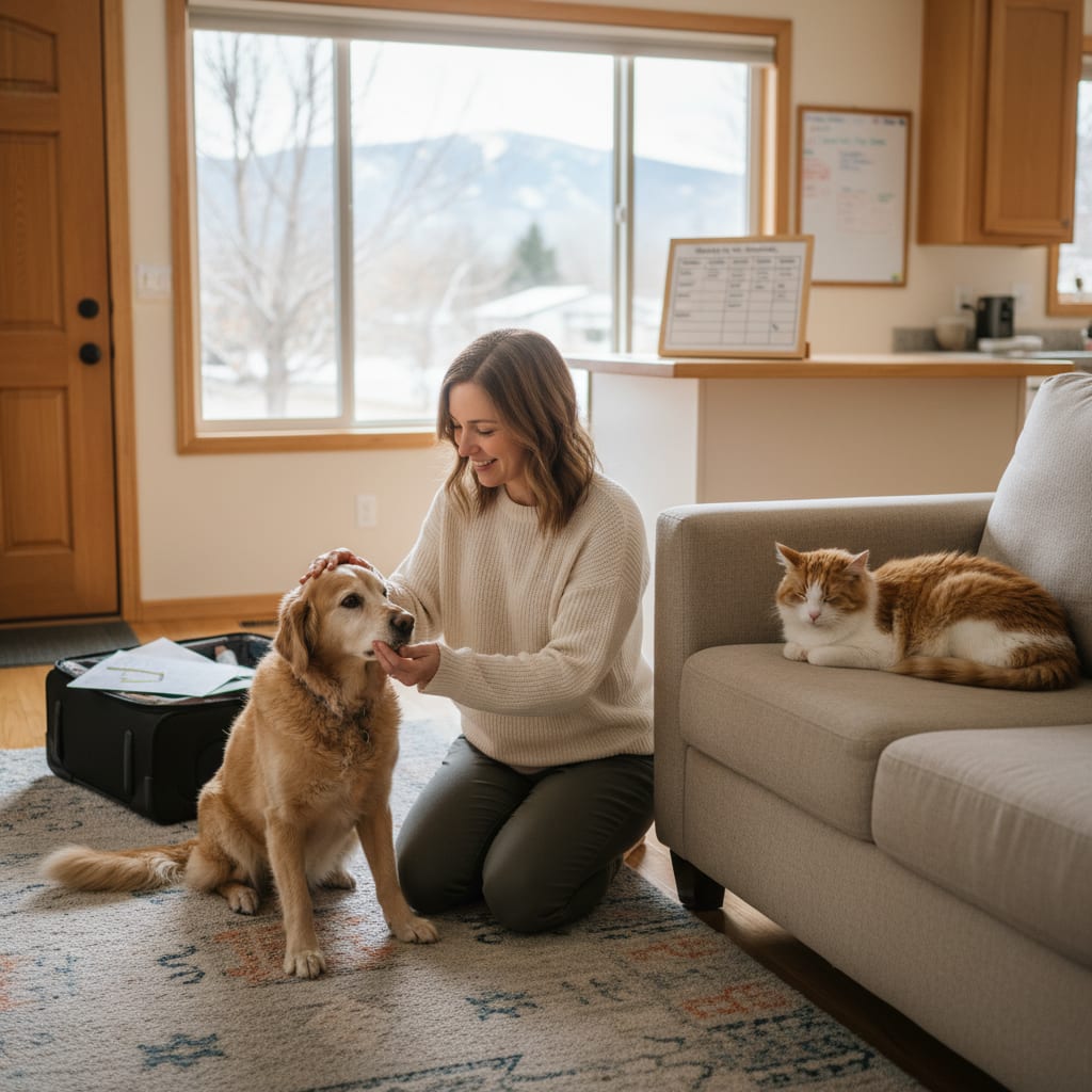 Professional pet sitter caring for a dog and cat at home during Thanksgiving travel
