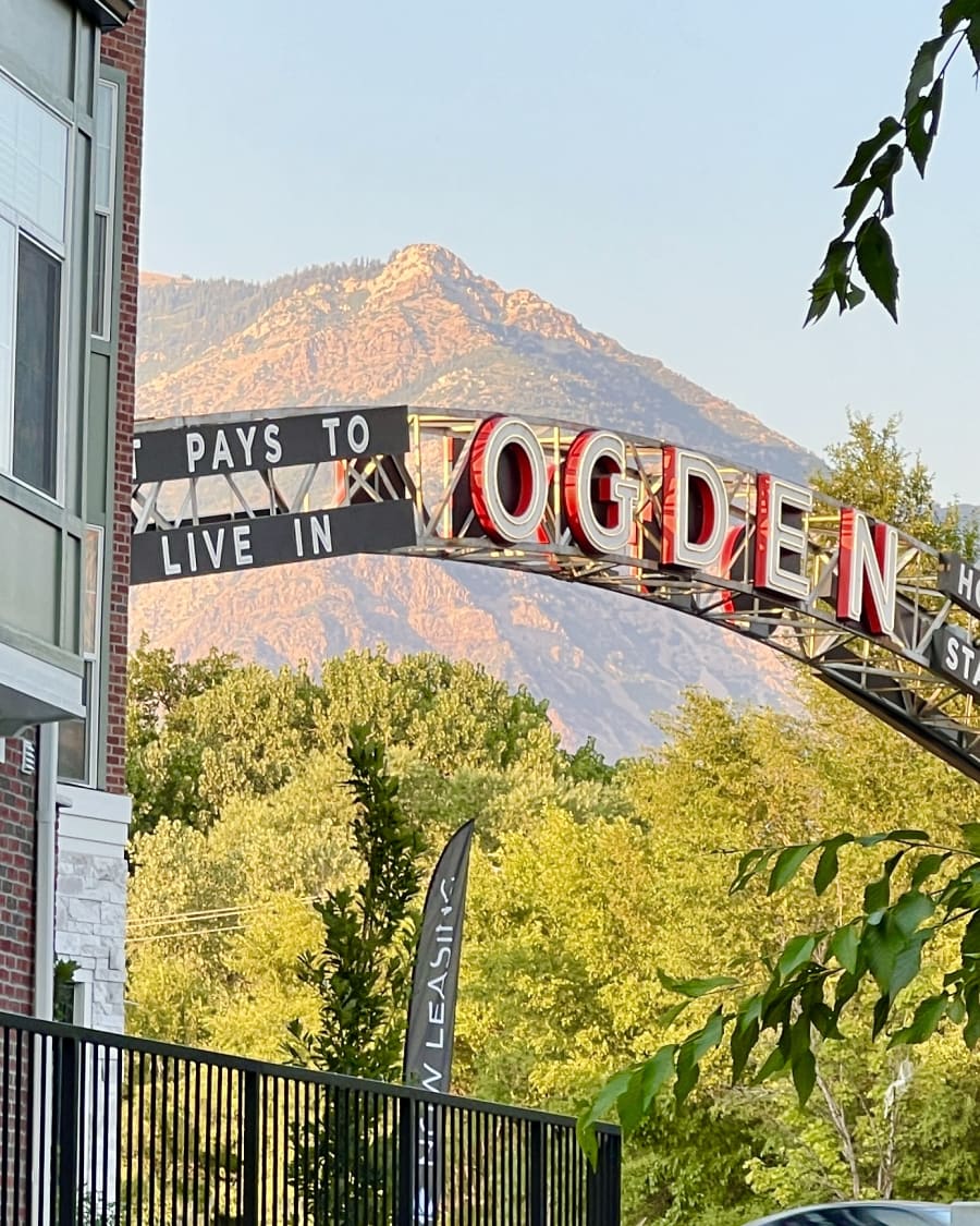 Historic 25th Street arch in downtown Ogden with Mount Ogden in the background