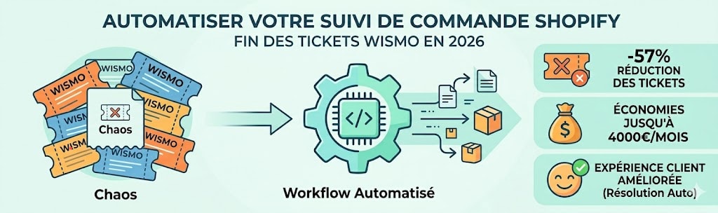 Schéma : automatiser le suivi de commande Shopify pour mettre fin aux tickets WISMO en 2026.