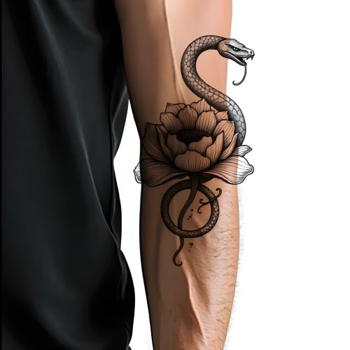 Rendu réaliste du tatouage serpent et pivoine sur le bras, généré par l'IA Tatua