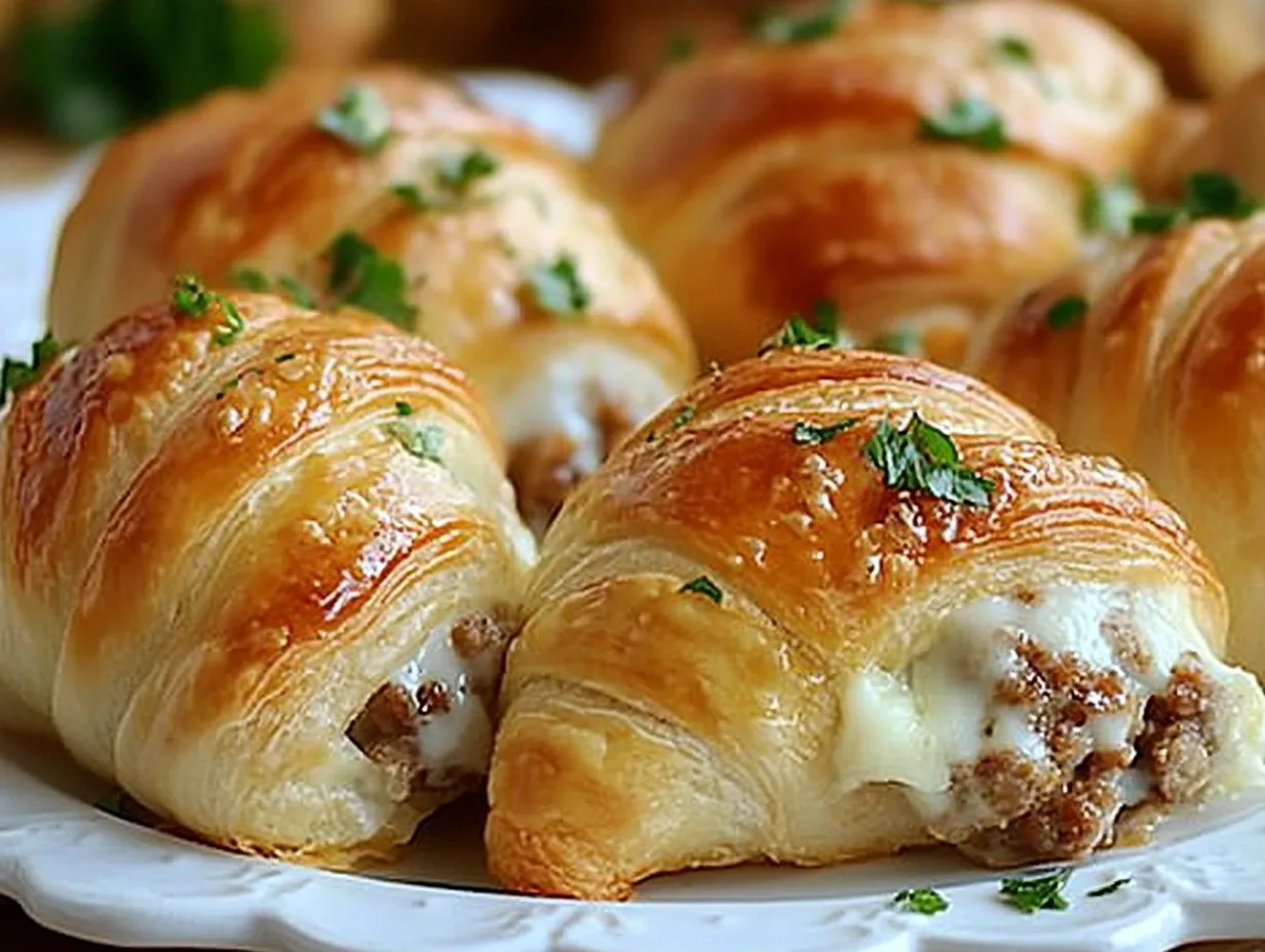 Sausage Cream Cheese Crescent Rolls beautifully baked on a platter.