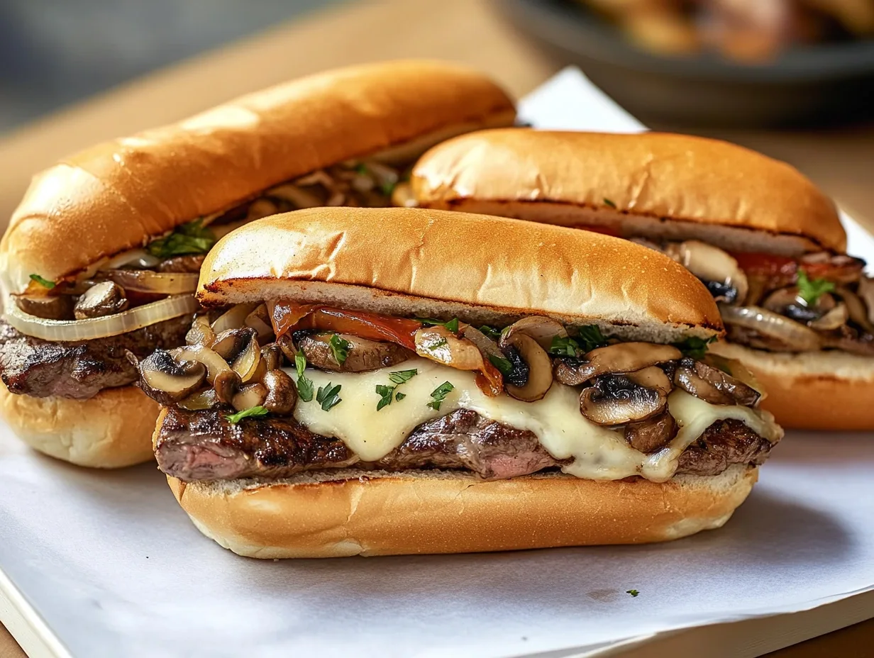 A delicious Philly Cheese Steak sandwich, sliced in half to show the layers of steak, cheese, and vegetables.