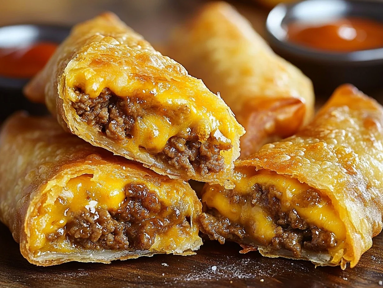 Cheeseburger Egg Rolls on a platter, ready to be served with dipping sauces.