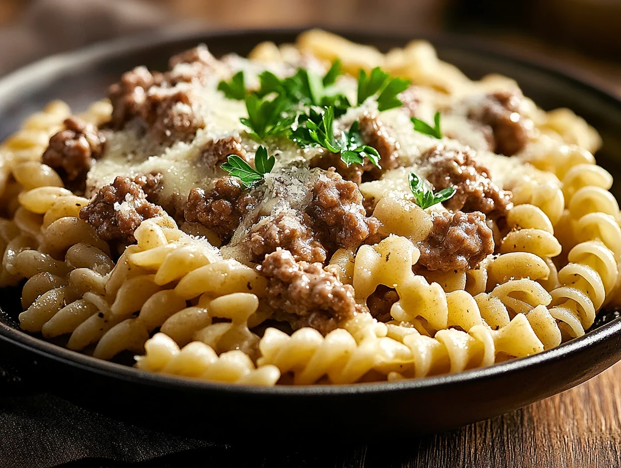 Rotini pasta in a creamy garlic parmesan sauce with ground beef and fresh parsley.