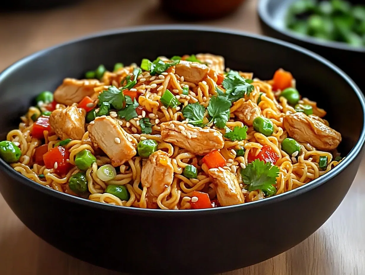 Delicious Chicken Ramen Stir Fry plated with garnishes