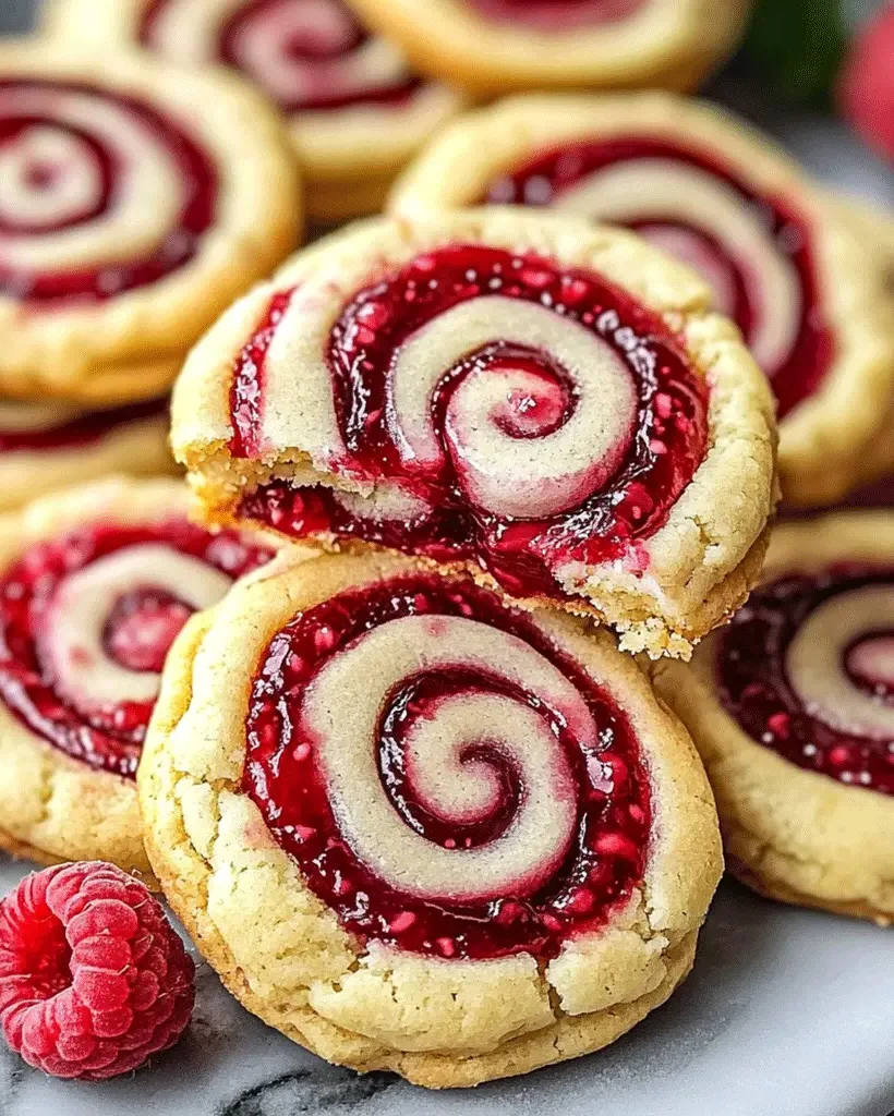 Close-up of raspberry swirl shortbread cookies, showing the beautiful marbled pattern on a white surface.