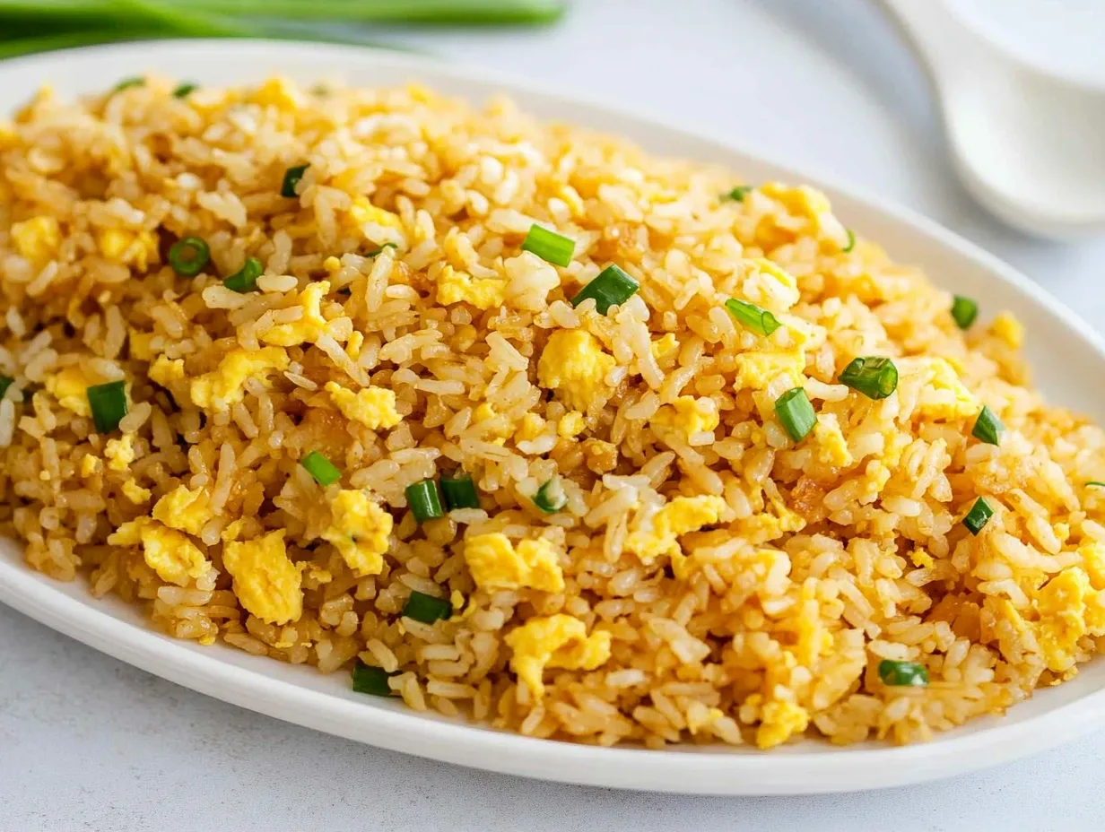 Deliciously prepared egg fried rice in a wok with fresh green onions sprinkled on top.