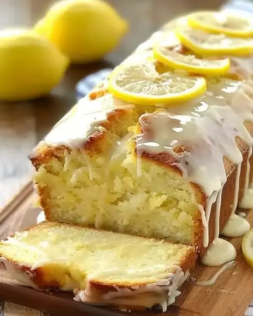 Beautifully sliced lemon glaze cake with a golden crust and drizzled glaze