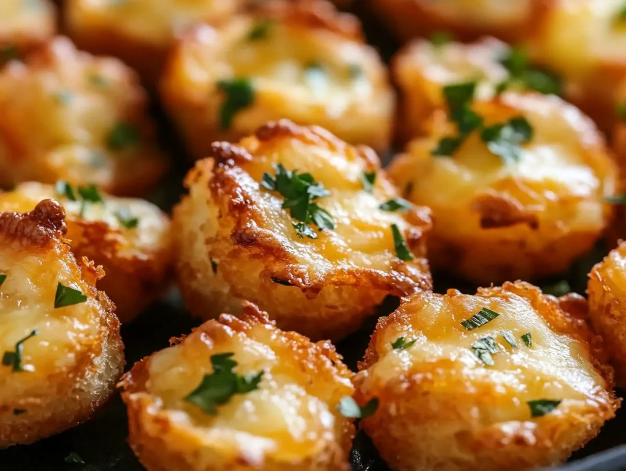 Golden brown party bites made with savory beef filling and crescent rolls, ready to be served.
