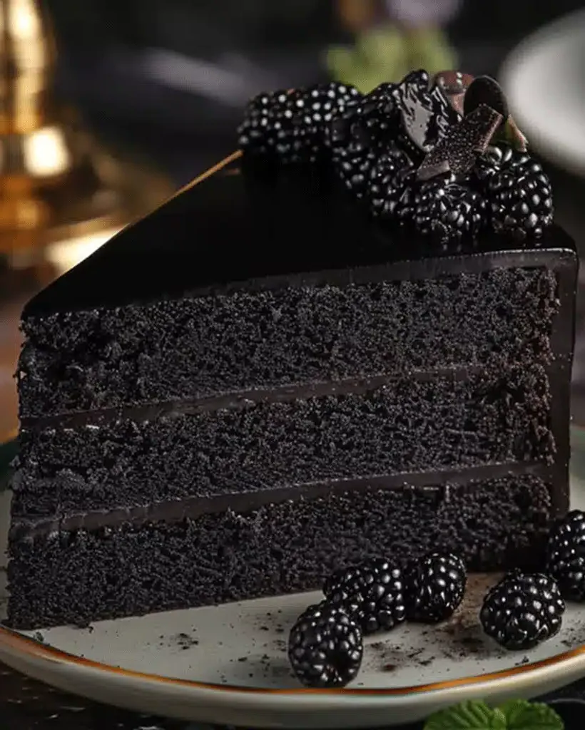 A slice of decadent Black Velvet Cake with rich frosting.