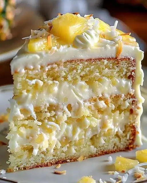 A beautifully decorated Pineapple Coconut Dream Cake.