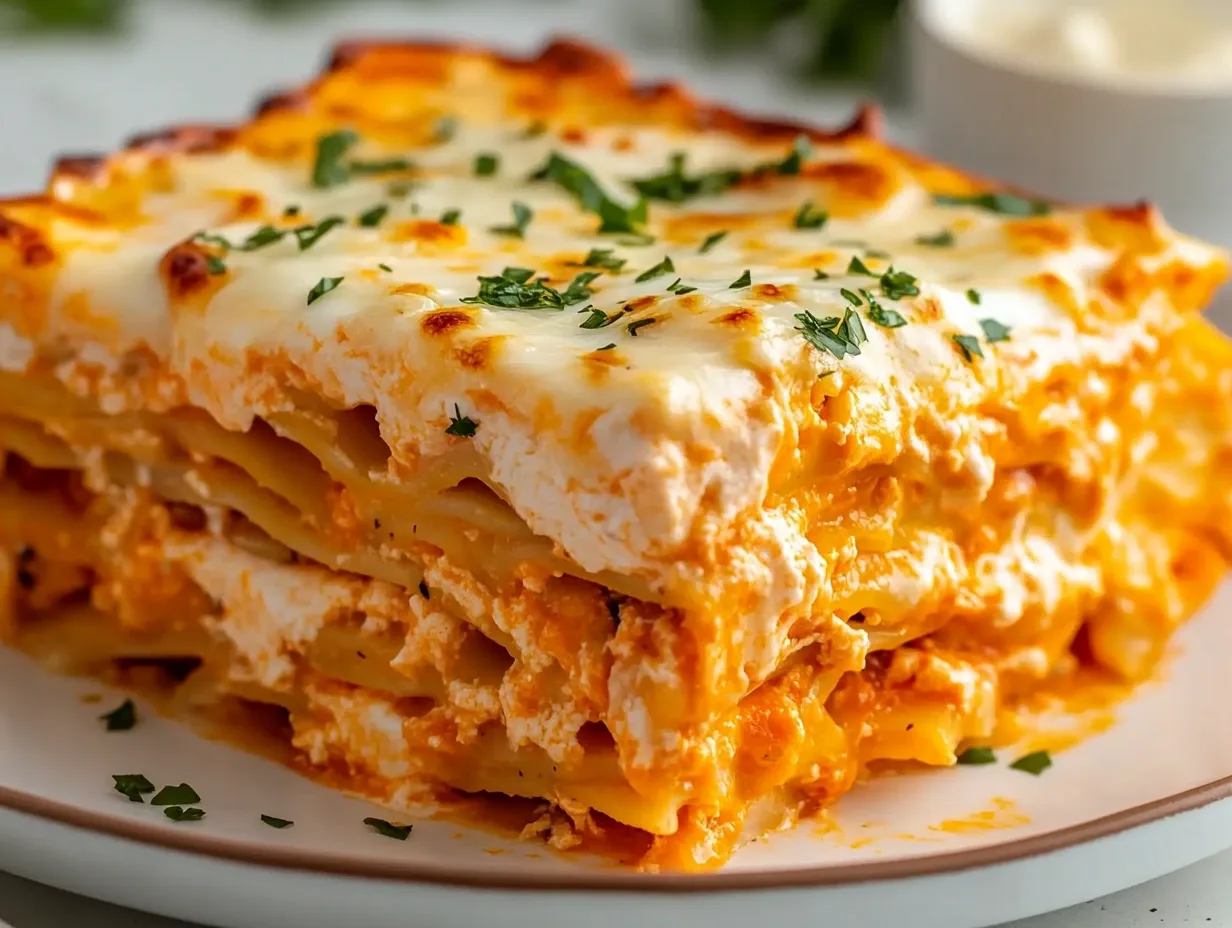 Buffalo Chicken Lasagna with gooey cheese layers