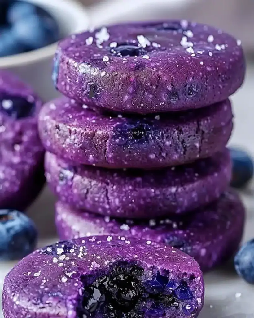 A close-up shot of a few soft and chewy blueberry cookies, showcasing their purple hue and scattered blueberries.