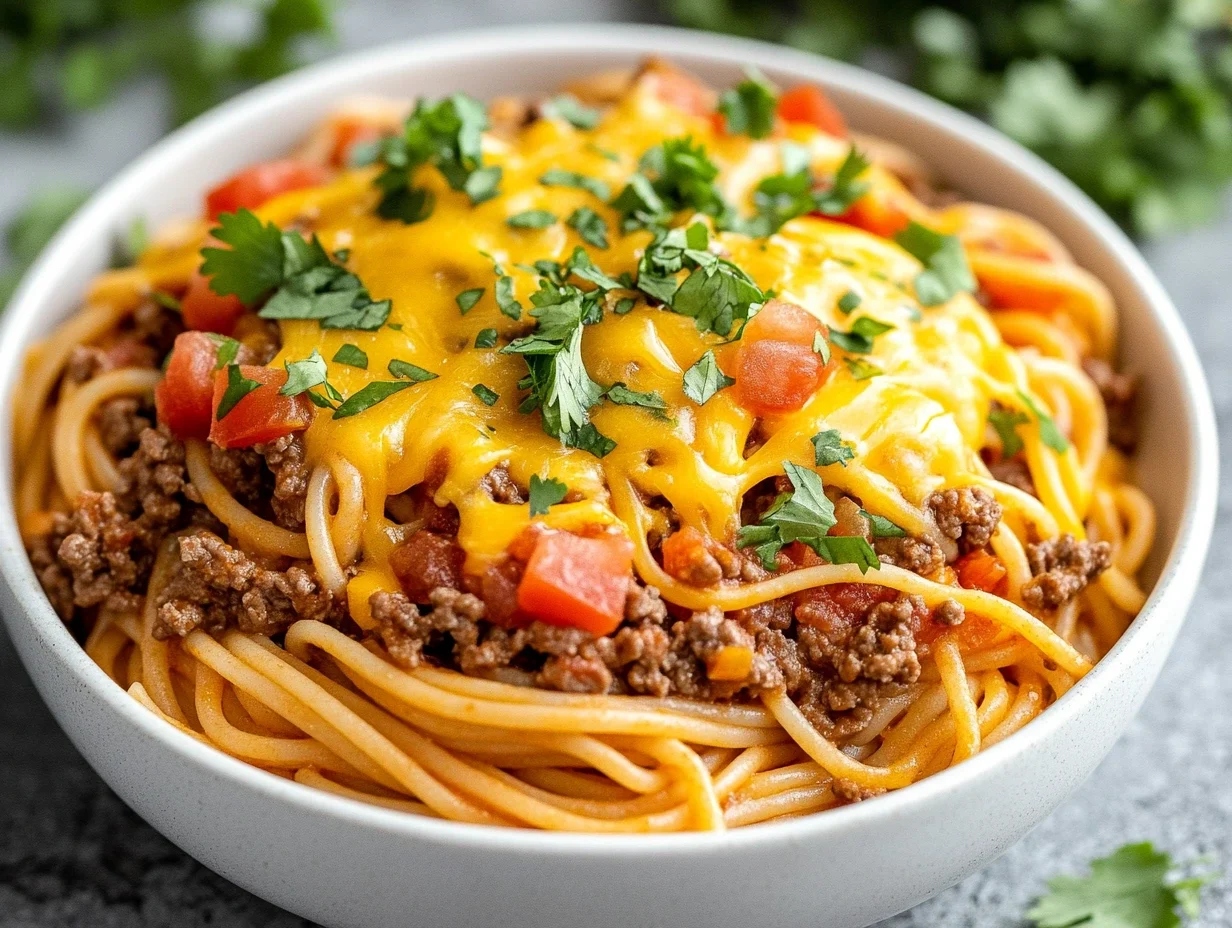 Crockpot Taco Spaghetti in a slow cooker with pasta and toppings being added.