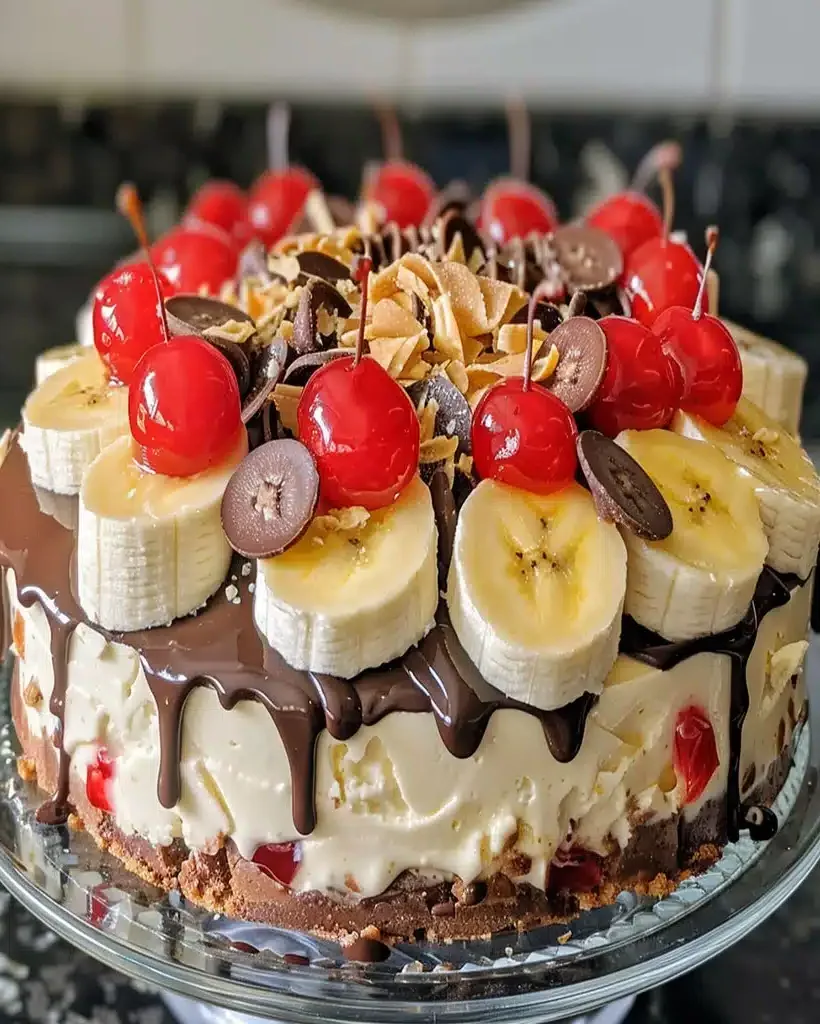 A slice of delicious Banana Split Ice Cream Cake with toppings.