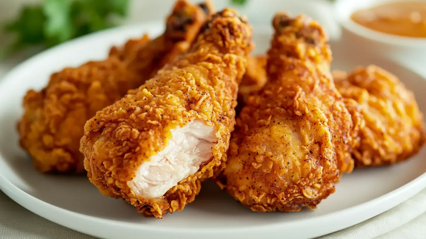 Delicious golden-brown fried chicken pieces on a wire rack.
