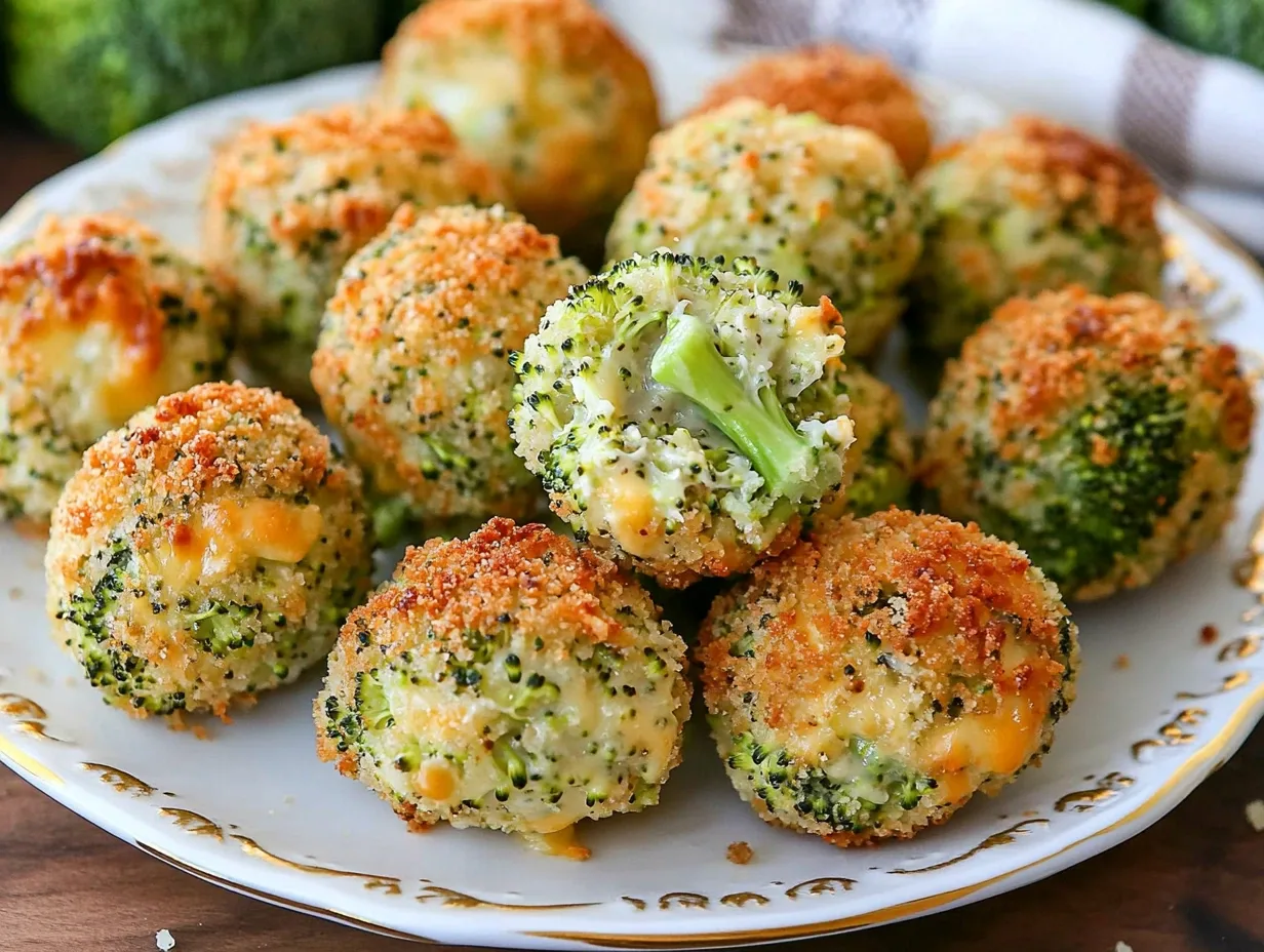 Golden brown baked broccoli cheese balls on a baking sheet