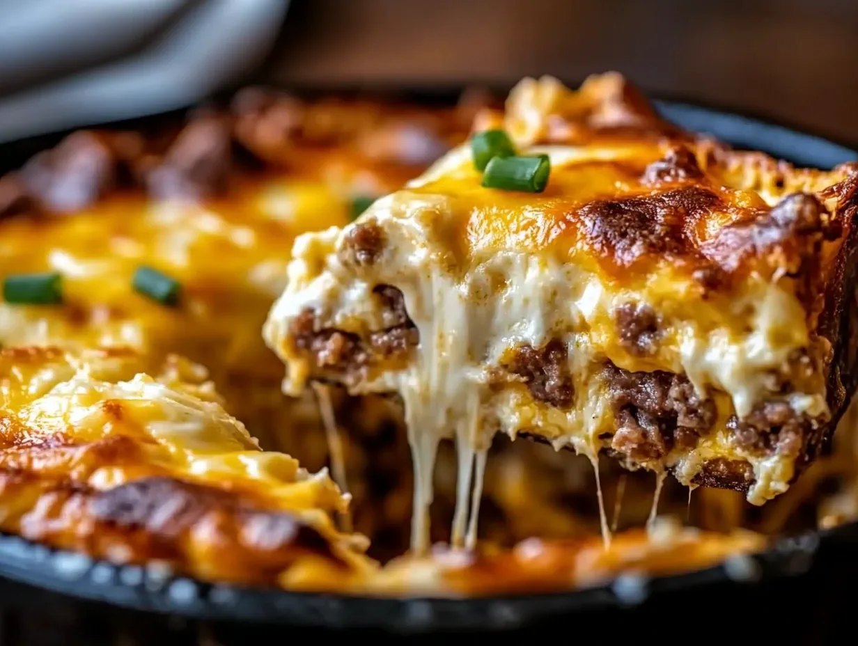 A golden brown classic egg casserole in a baking dish, topped with melted cheese and visible chunks of sausage and bread.