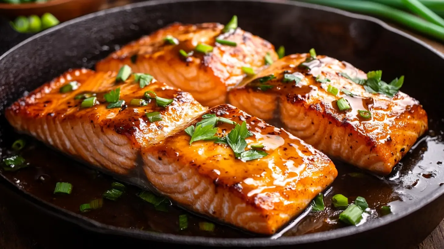 Bourbon-glazed salmon on a platter, ready to serve.