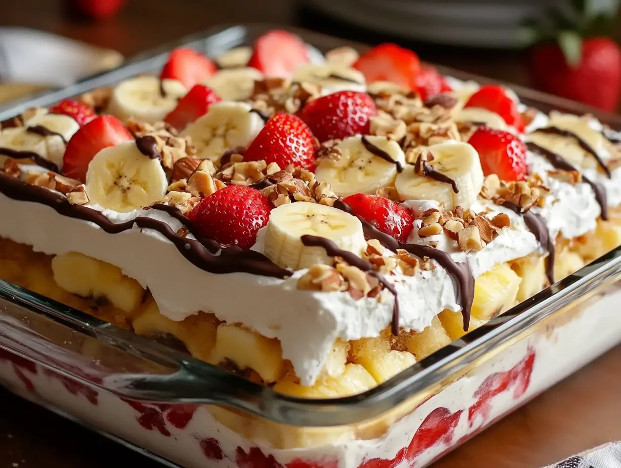 No-bake banana split cake with layers of cream, banana, and toppings