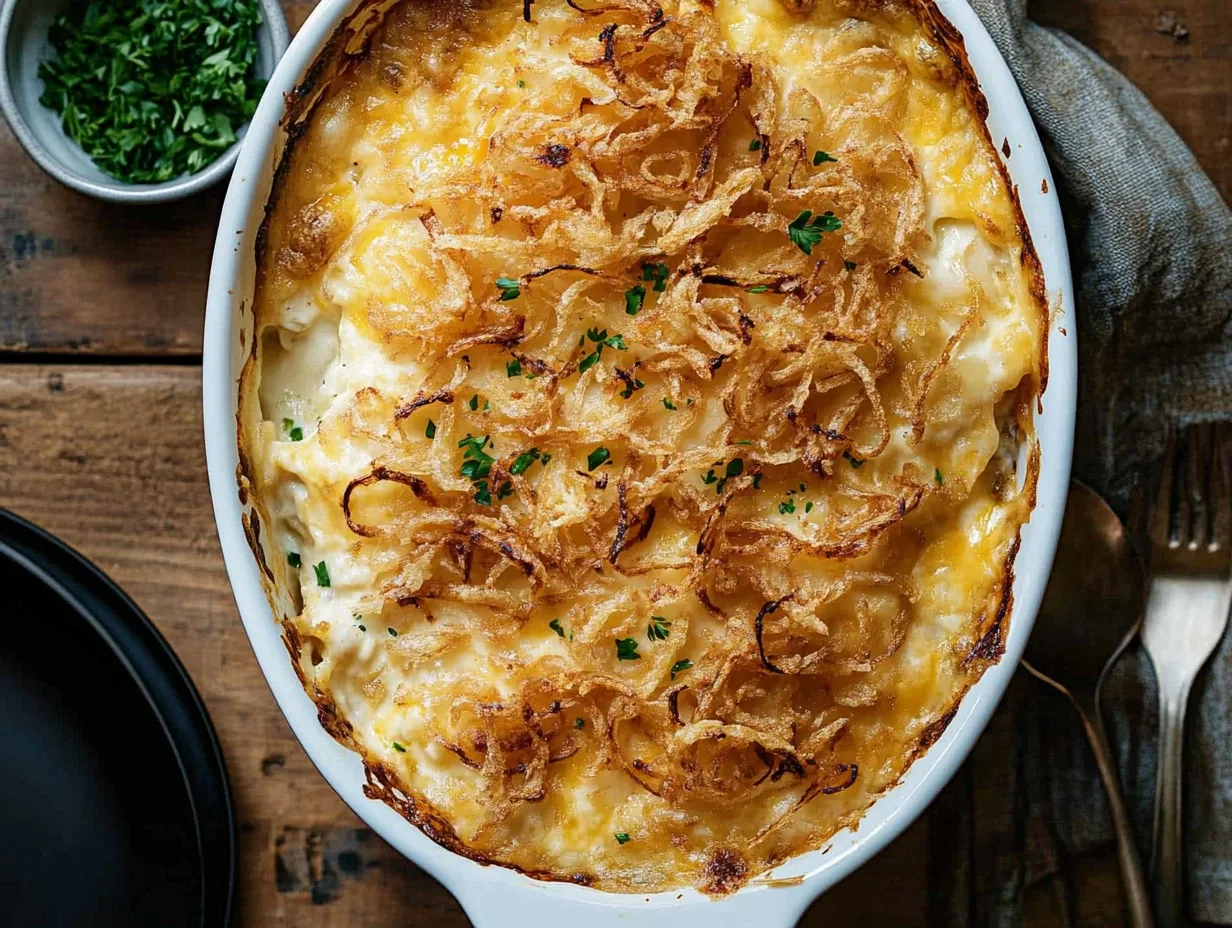 Cheesy Potatoes Casserole with French Onion Flavor and Crispy Fried Onions