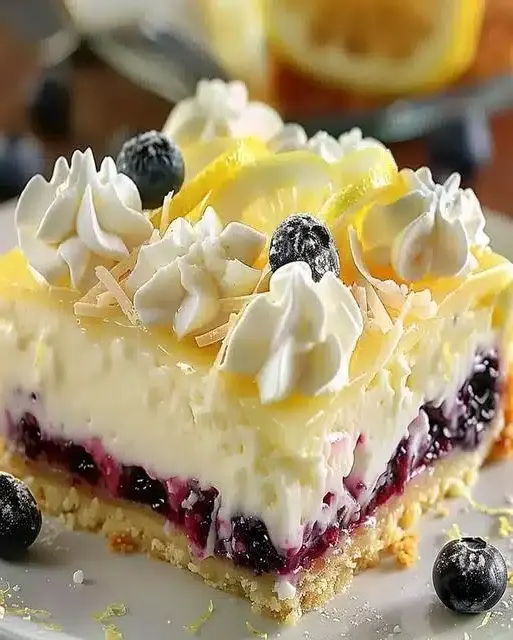 Lemon Blueberry Cheesecake Bars on a cooling rack.