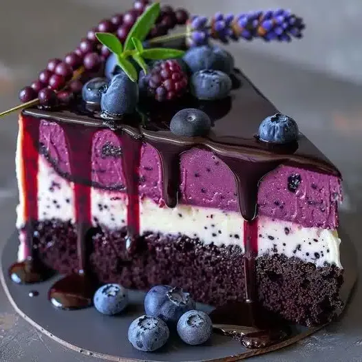 A slice of moist vegan chocolate cake on a plate, garnished with berries and a dusting of powdered sugar.