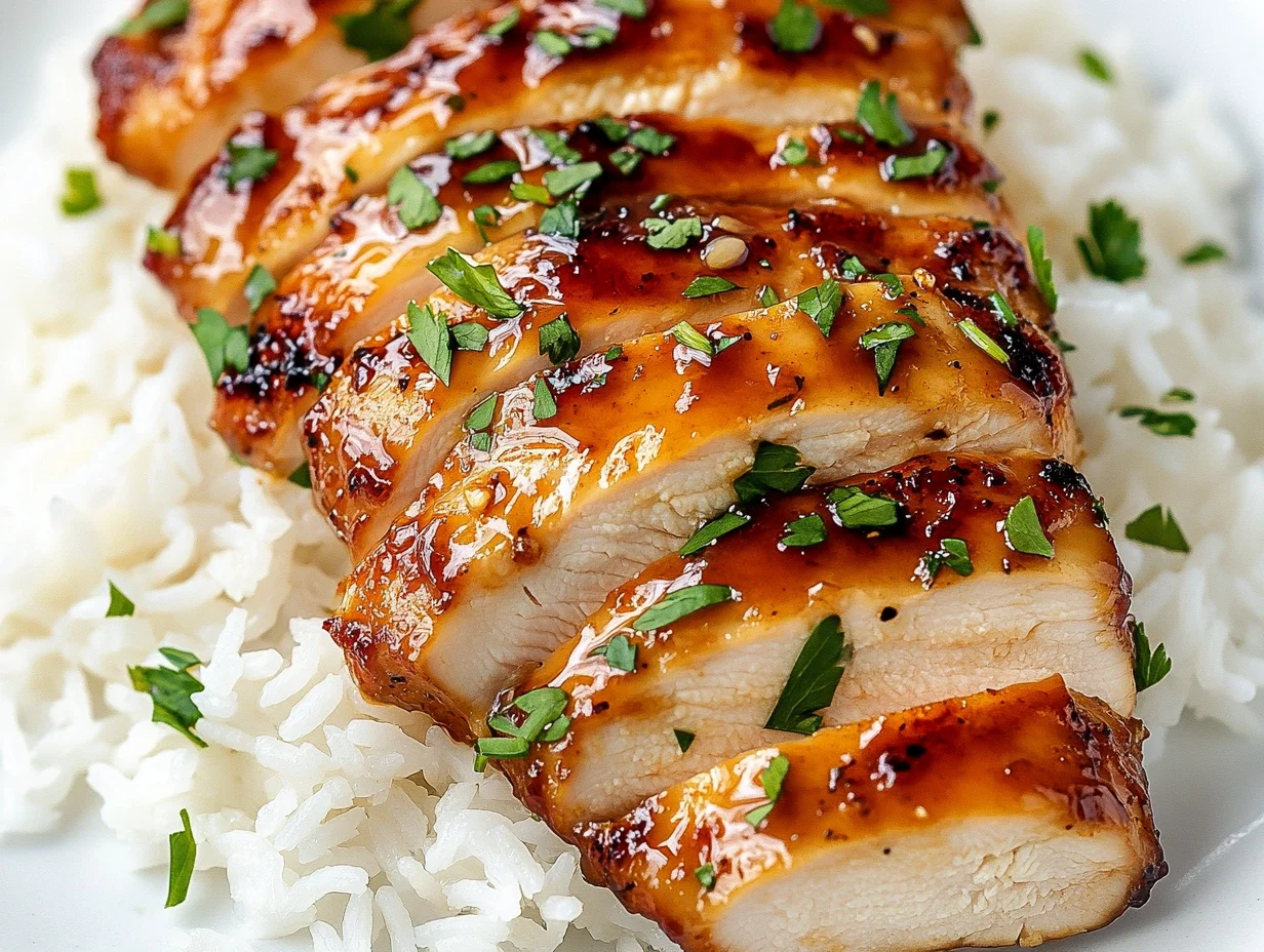 Golden brown honey garlic chicken breasts in a pan with sauce
