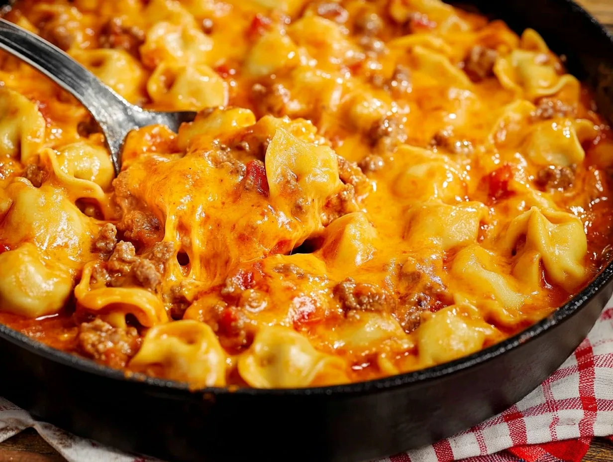 A delicious-looking skillet of Cheeseburger Tortellini with melted cheese and garnished with parsley.