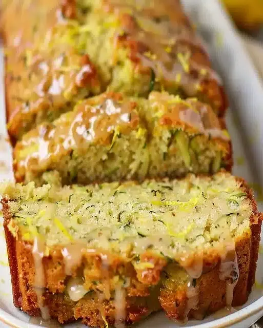 A beautiful loaf of moist lemon zucchini bread cooling on a wire rack.