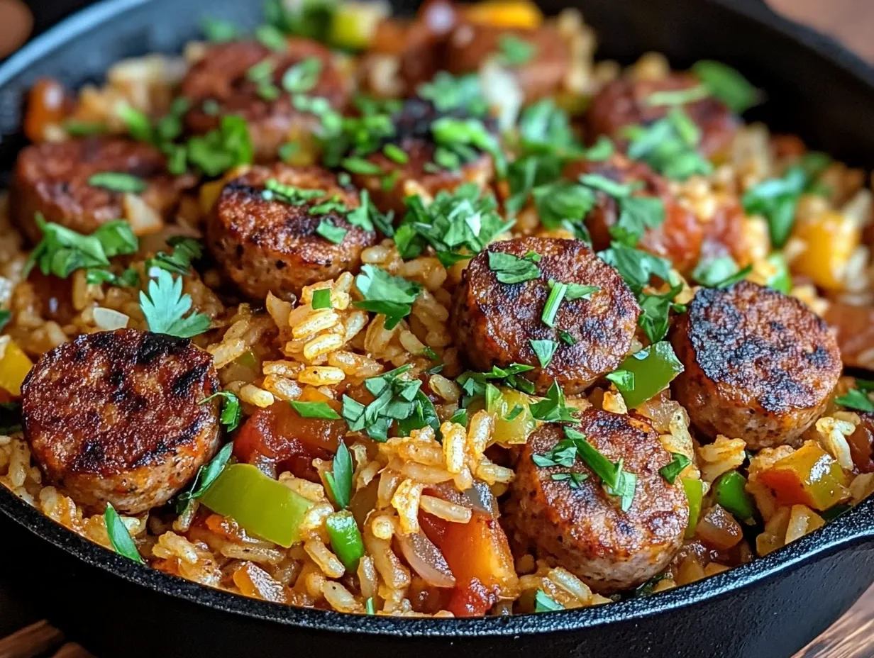 Easy Sausage and Rice Skillet with bell peppers and sausage