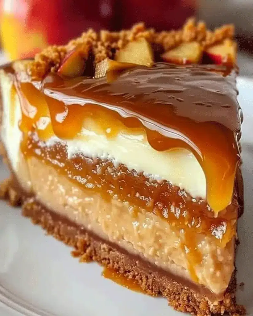 Beautifully layered caramel apple cheesecake with a gingersnap crust.