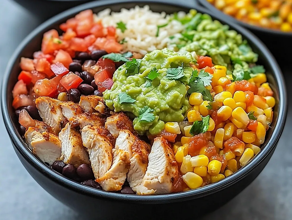 A vibrant one-pan chicken burrito bowl ready to be served.
