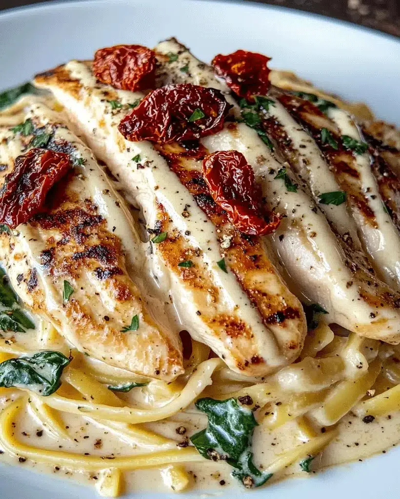 Creamy Chicken Fettuccine Alfredo with Sun-Dried Tomatoes and Spinach, plated beautifully.