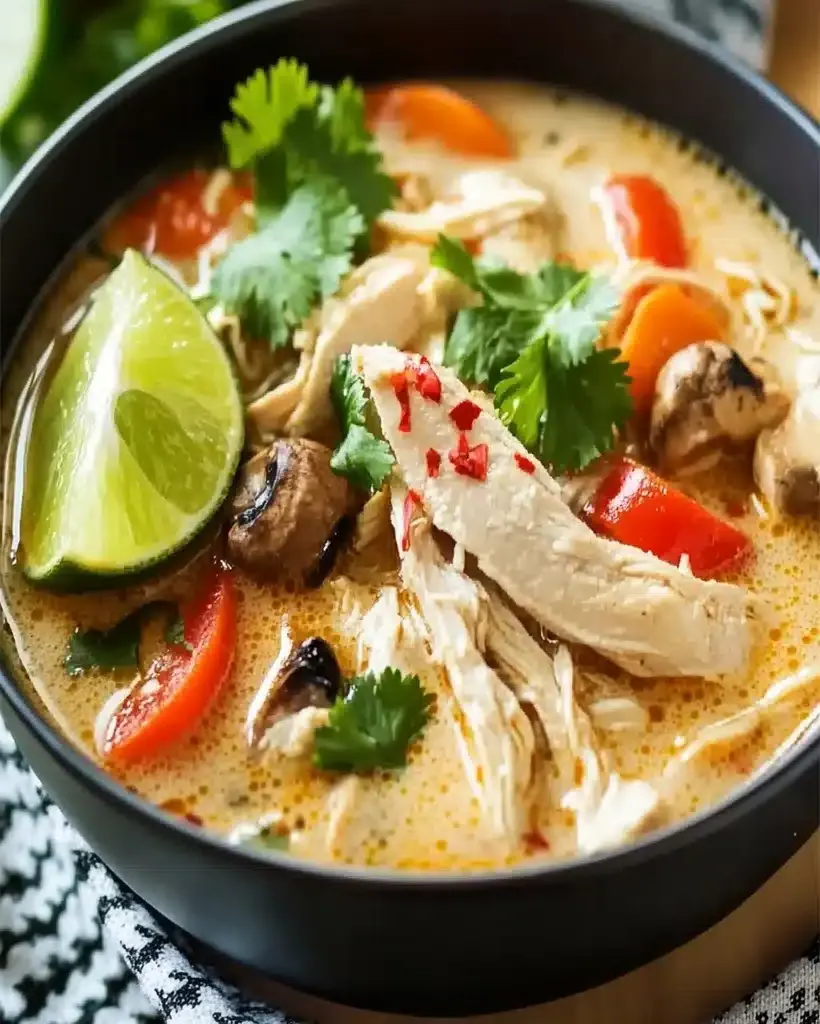 A steaming bowl of Thai Chicken Soup with fresh garnishes.