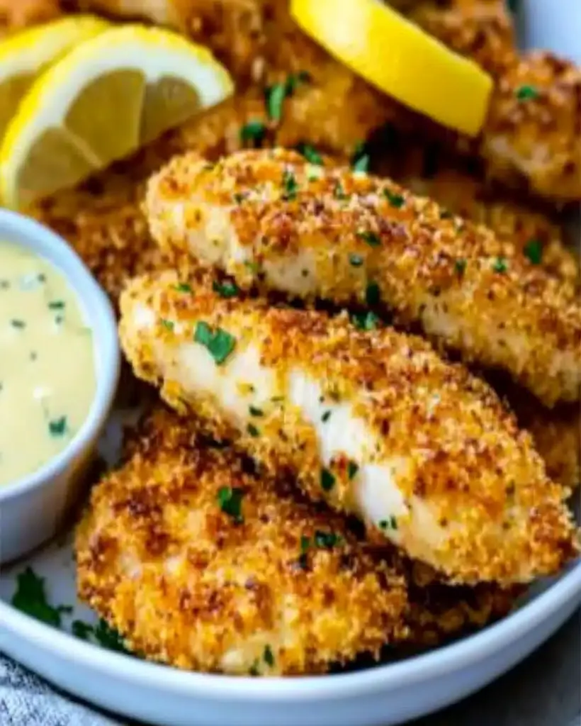 Crispy Lemon Parmesan Chicken Tenders ready to be served.