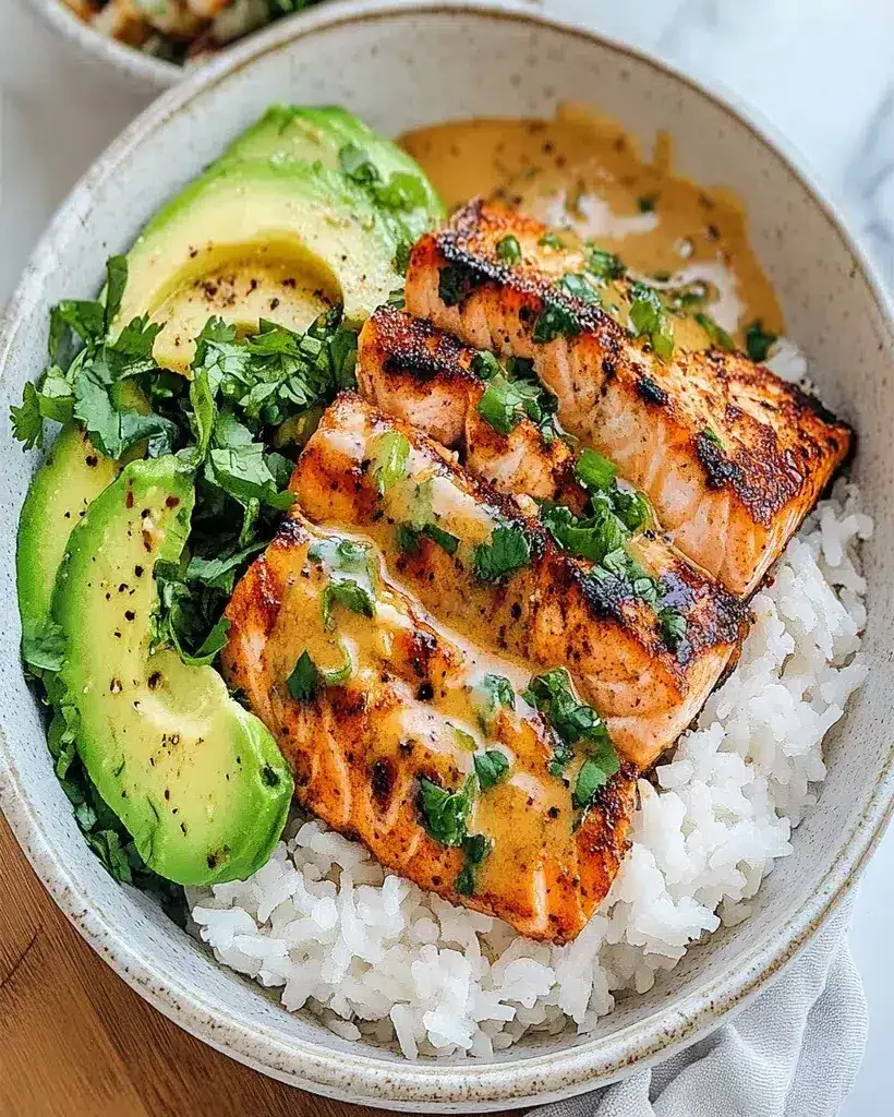 Spicy Salmon Bowls with Coconut Rice - A vibrant and delicious meal.