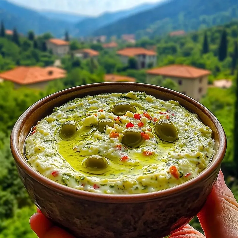 Green Olive and Feta Cheese Dip in a serving bowl with pita bread and vegetables.