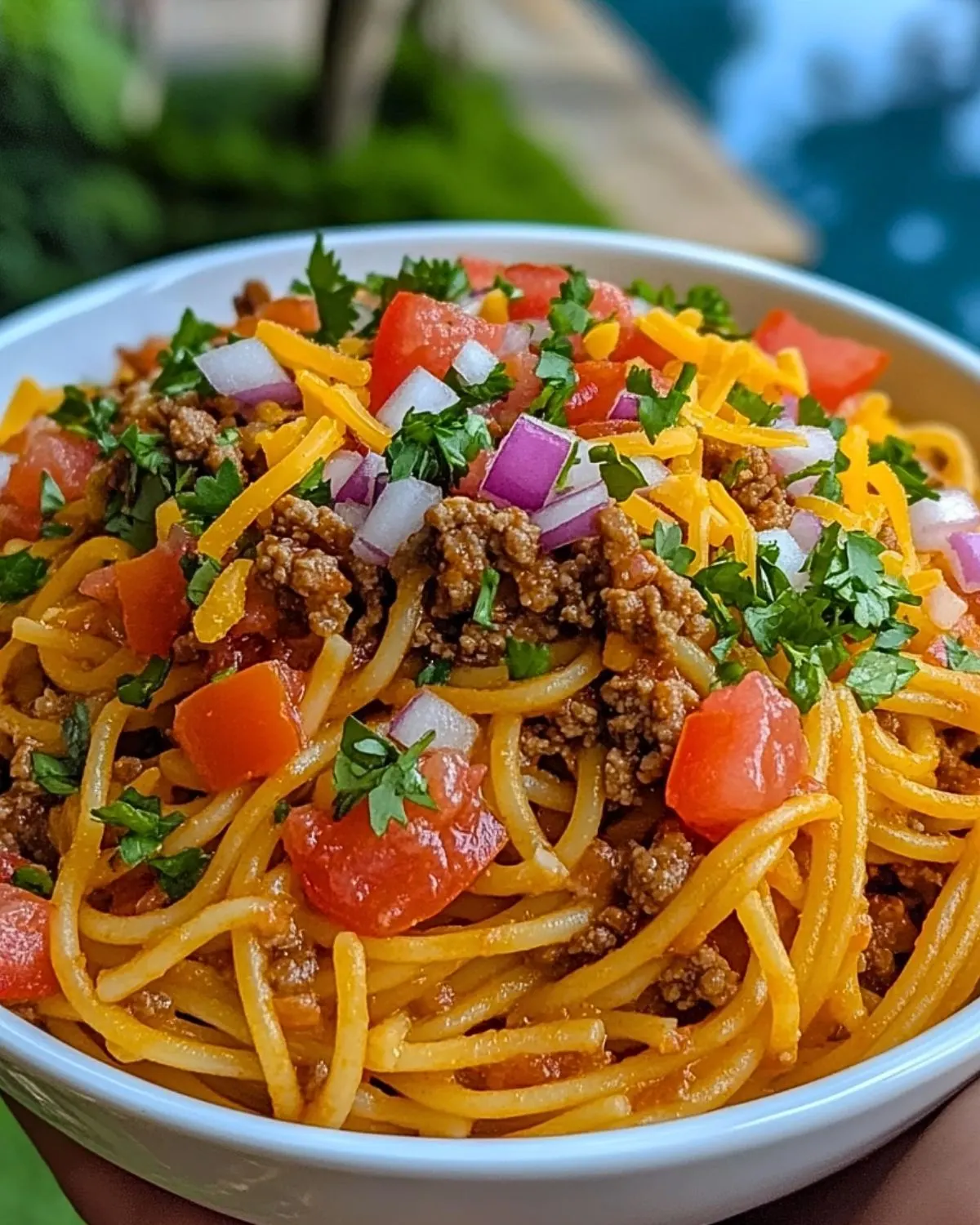 Delicious bowl of Taco Spaghetti topped with fresh ingredients.